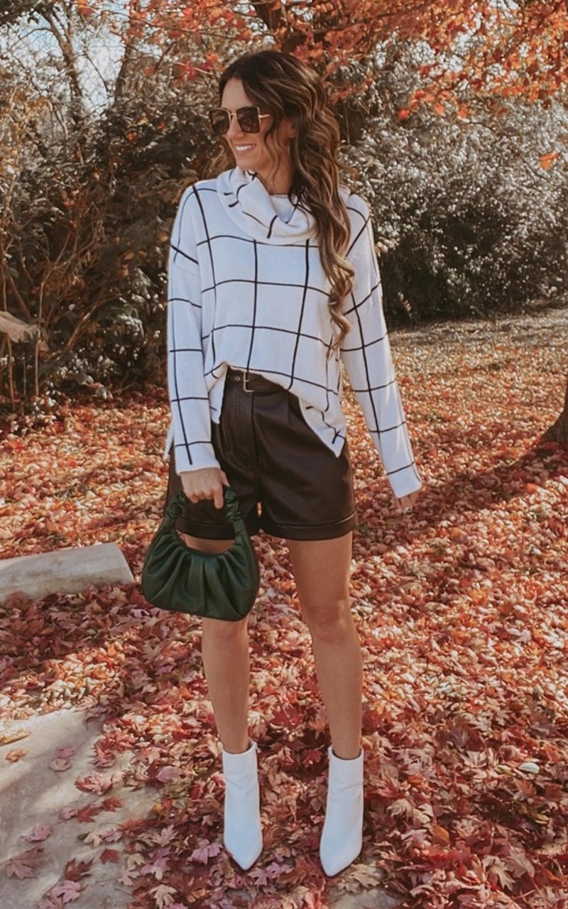 ECOWISH Women Fall Pullover Sweater Turtleneck Plaid Long Sleeve Loose Casual Chunky Checked Knit Winter Sweaters Jumper Tops 014white M - Image 3